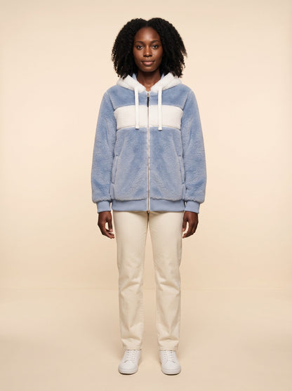 Women's Colour Block Teddy Fleece Jacket – Blue – on model
