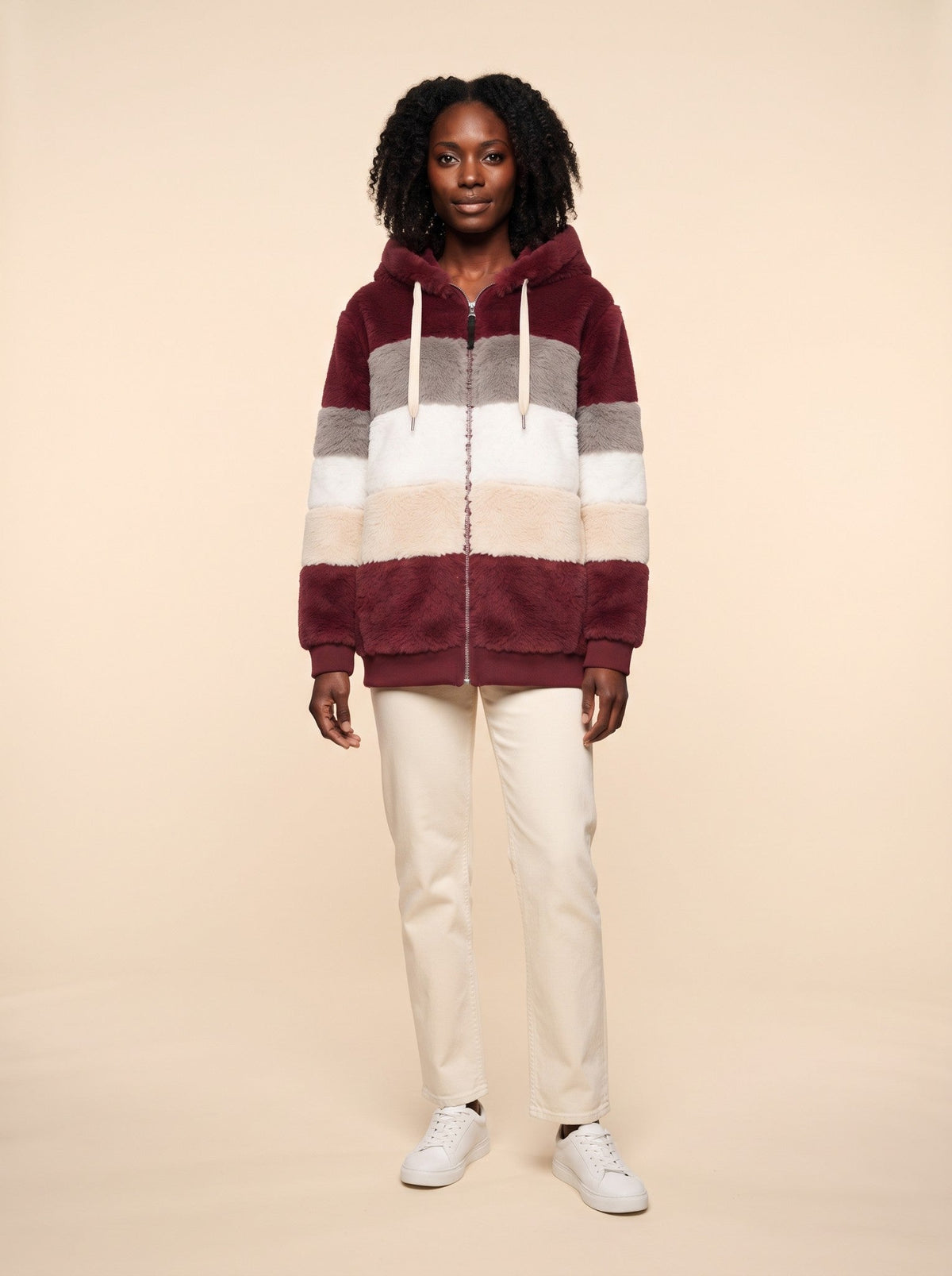 Women's Colour Block Teddy Fleece Jacket – Burgundy – on model