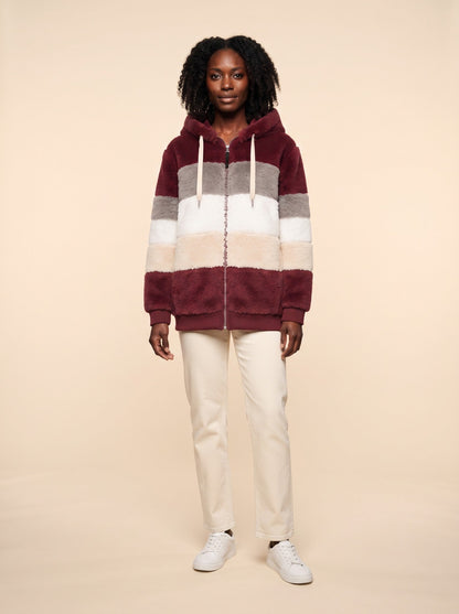 Women's Colour Block Teddy Fleece Jacket – Burgundy – on model