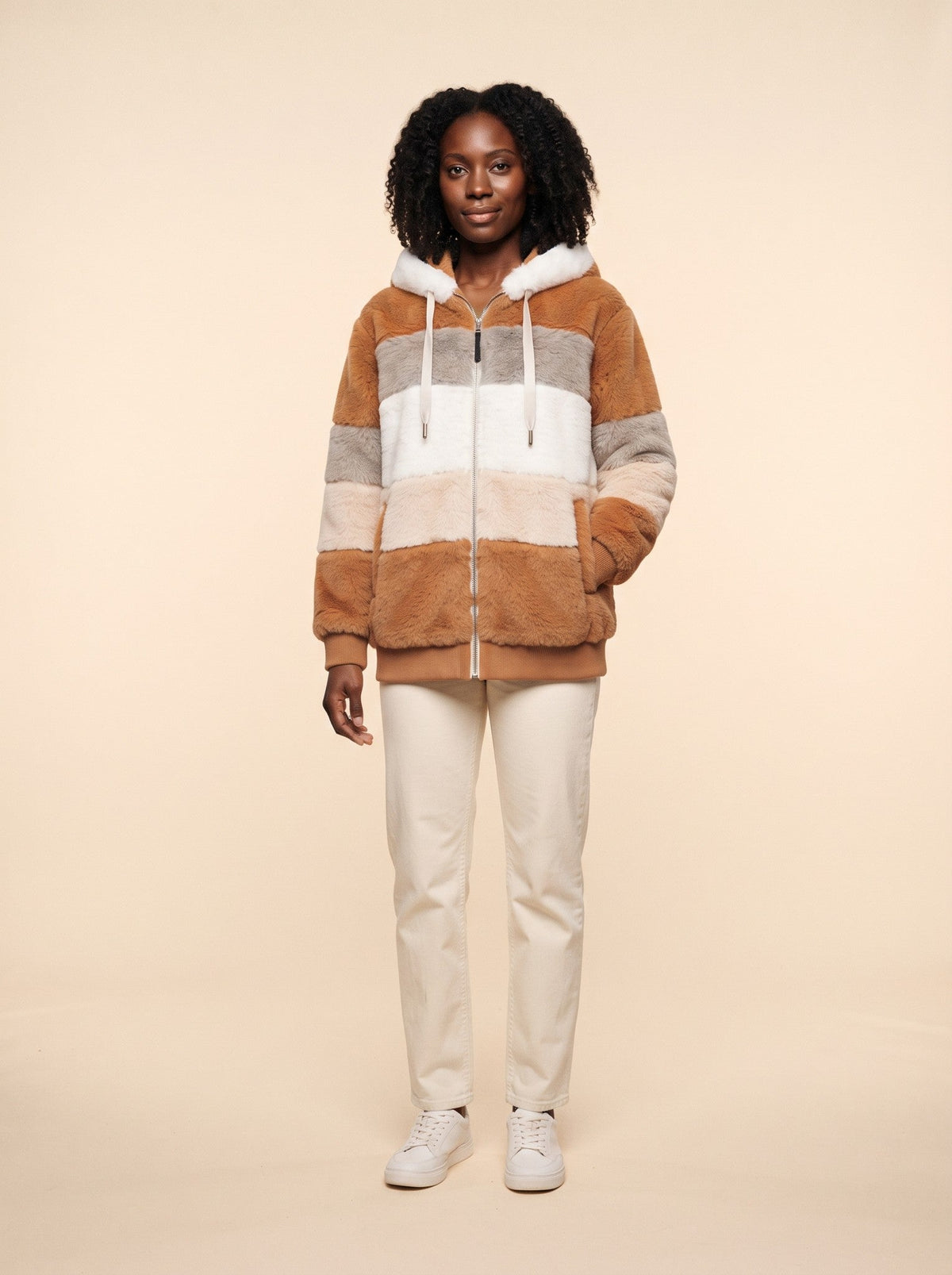 Women's Colour Block Teddy Fleece Jacket – Caramel – on model