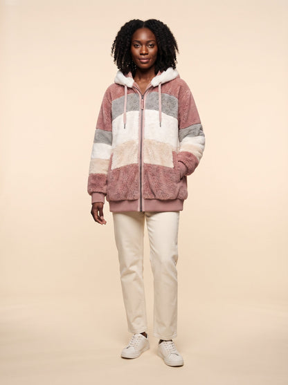 Women's Colour Block Teddy Fleece Jacket – Dusty Pink – on model
