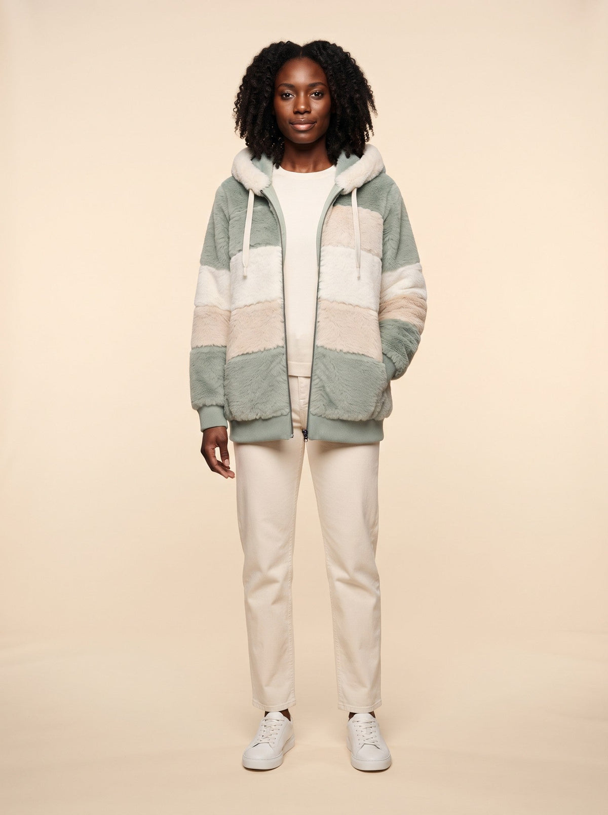 Women's Colour Block Teddy Fleece Jacket – Green – on model