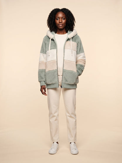 Women's Colour Block Teddy Fleece Jacket – Green – on model