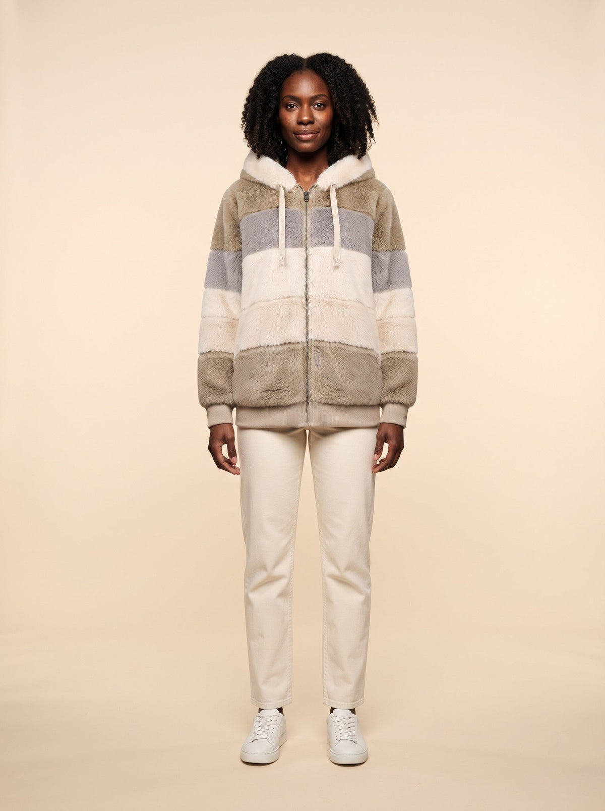 Women's Colour Block Teddy Fleece Jacket – Khaki – on model