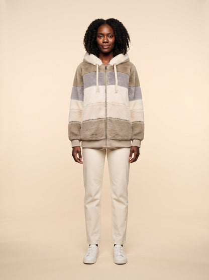 Women's Colour Block Teddy Fleece Jacket – Khaki – on model
