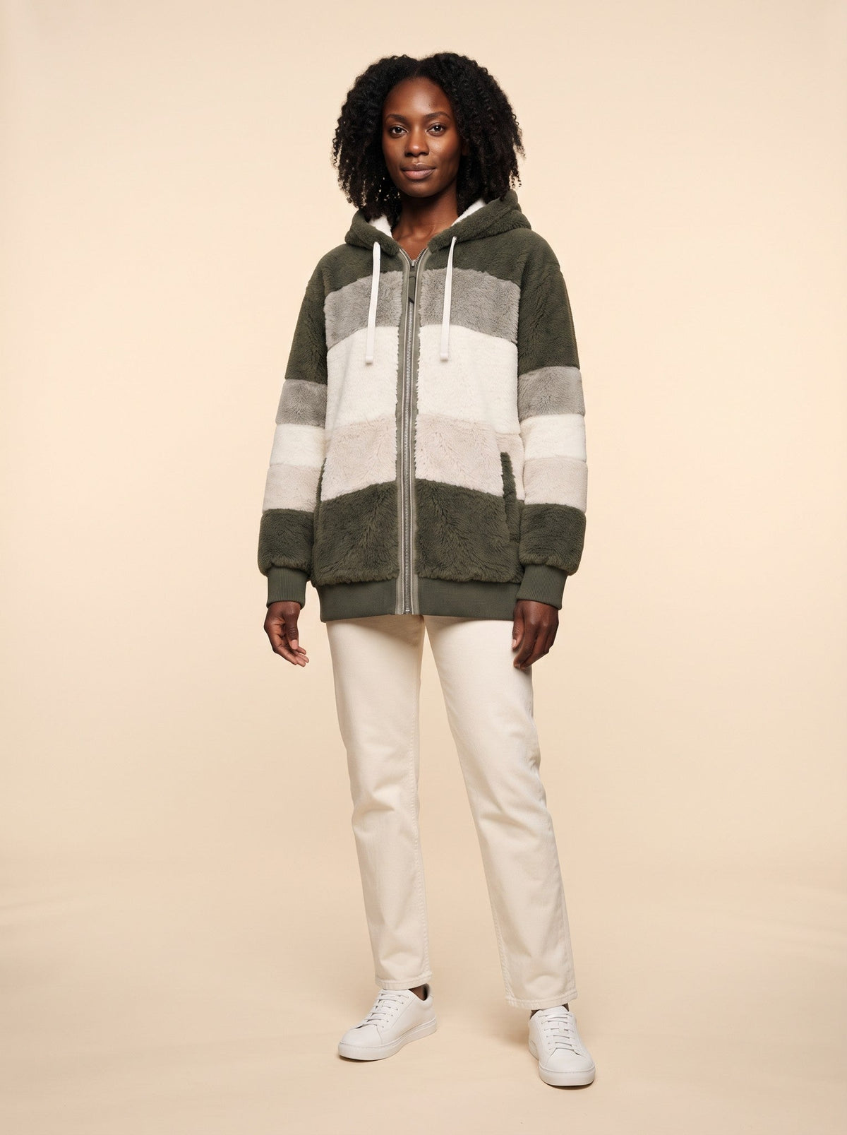 Women's Colour Block Teddy Fleece Jacket – Military Green – on model