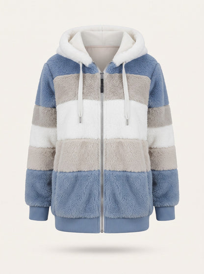 Women's Colour Block Teddy Fleece Jacket – Blue & White – packshot