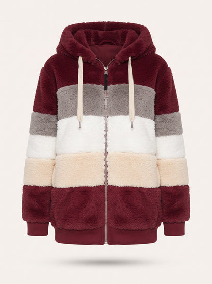 Women's Colour Block Teddy Fleece Jacket – Burgundy – packshot