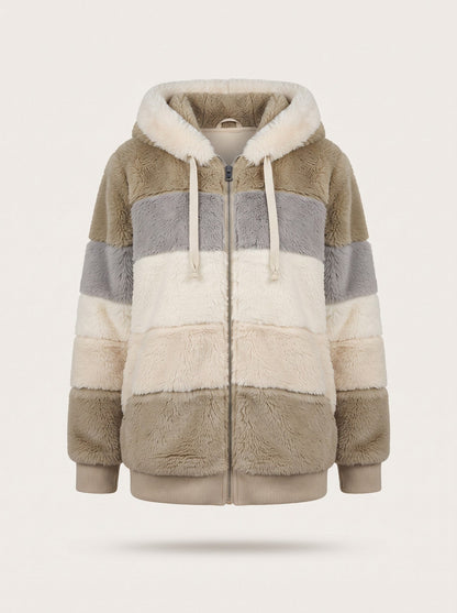 Women's Colour Block Teddy Fleece Jacket – Khaki – packshot