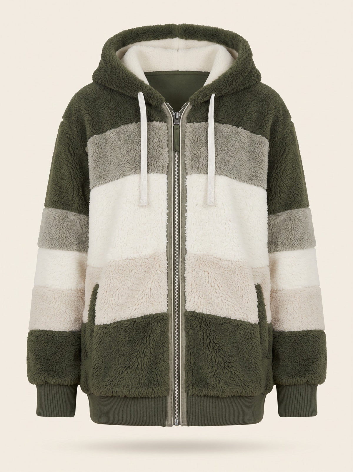 Women's Colour Block Teddy Fleece Jacket – Military Green – packshot