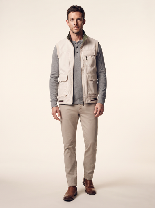 Canvas Utility Gilet – Beige Green – on model