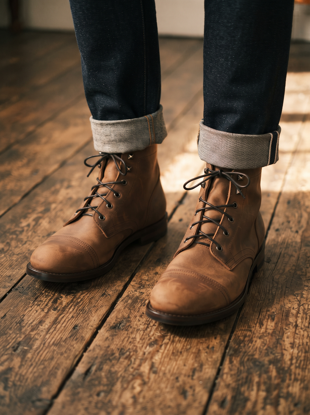 Cap-Toe Lace-Up Boots – Brown – on foot