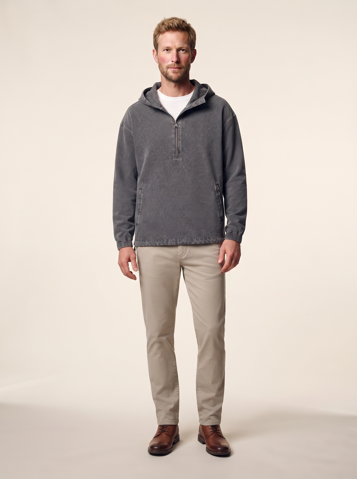 Washed Cotton Half-Zip Pullover – Grey – on model