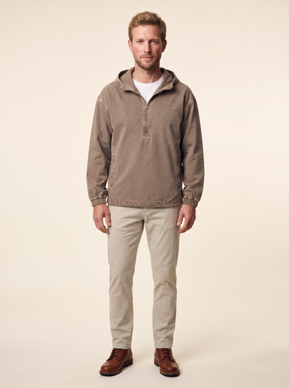 Washed Cotton Half-Zip Pullover – Khaki – on model