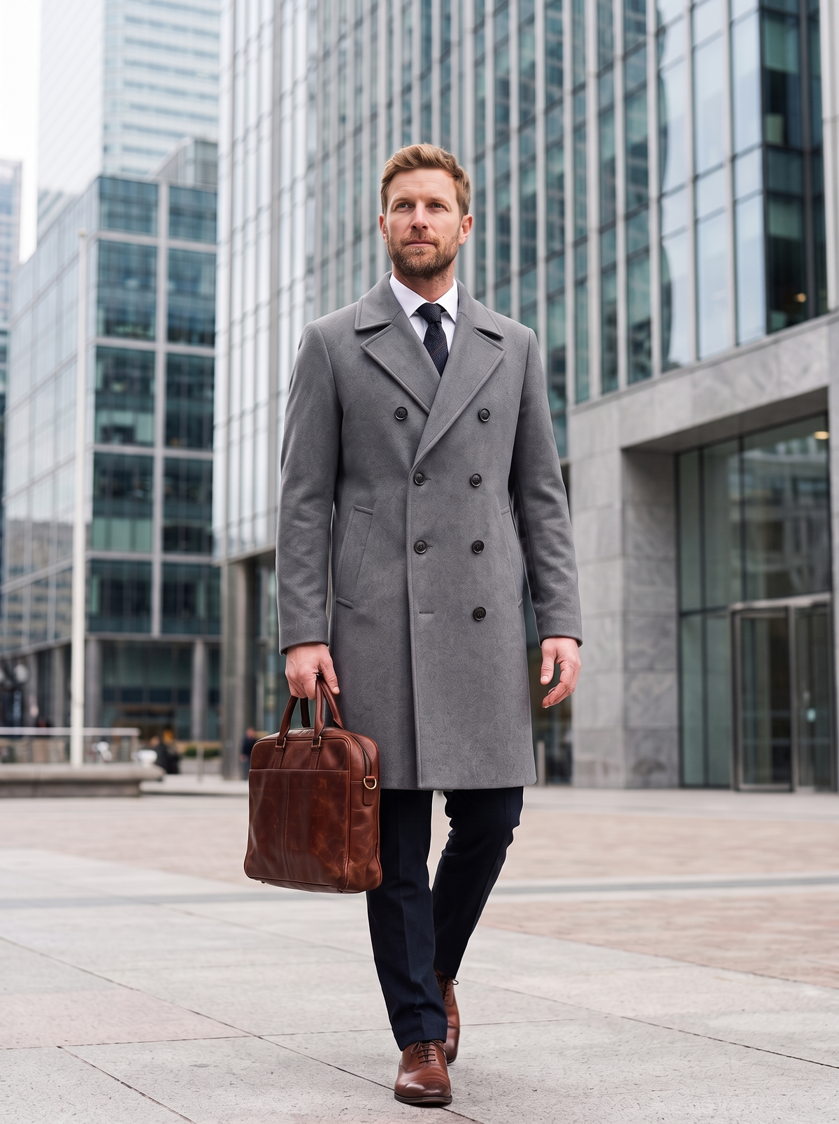 Double-Breasted Wool-Look Overcoat – Grey – business district