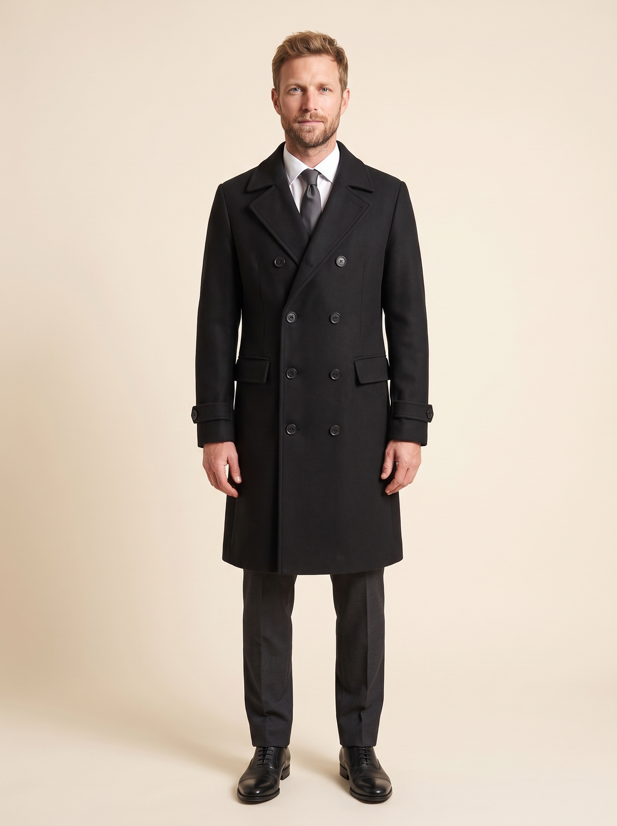 Double-Breasted Wool-Look Overcoat – Black – on model