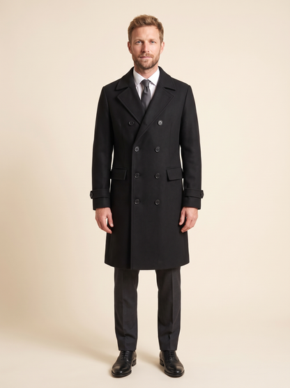 Double-Breasted Wool-Look Overcoat – Black – on model