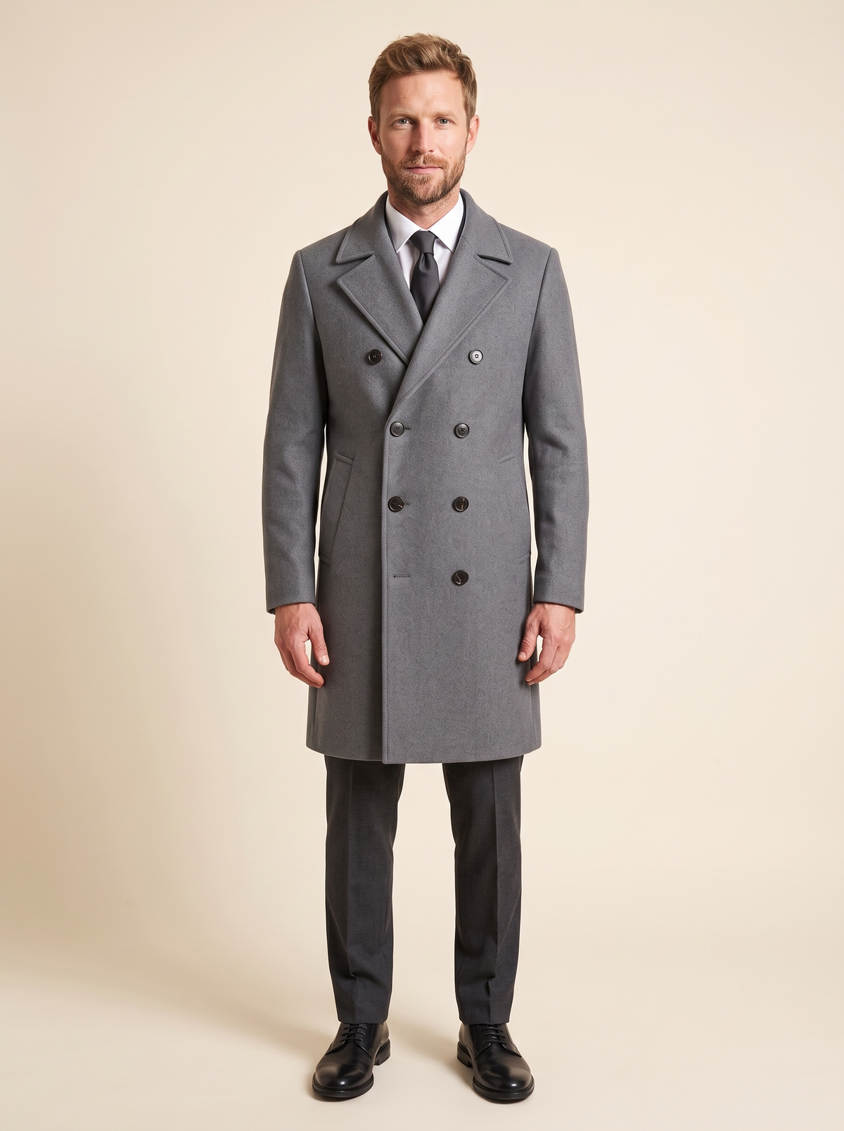 Double-Breasted Wool-Look Overcoat – Grey – on model