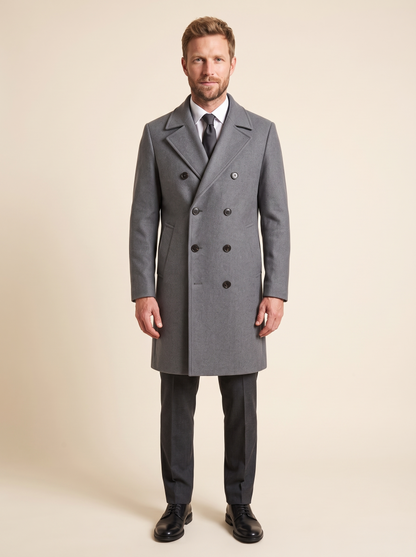 Double-Breasted Wool-Look Overcoat – Grey – on model