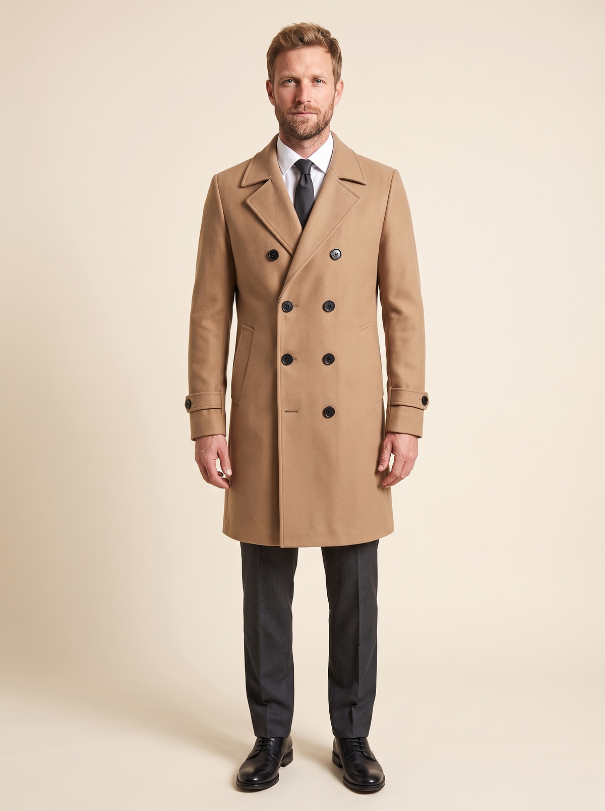 Double-Breasted Wool-Look Overcoat – Khaki – on model