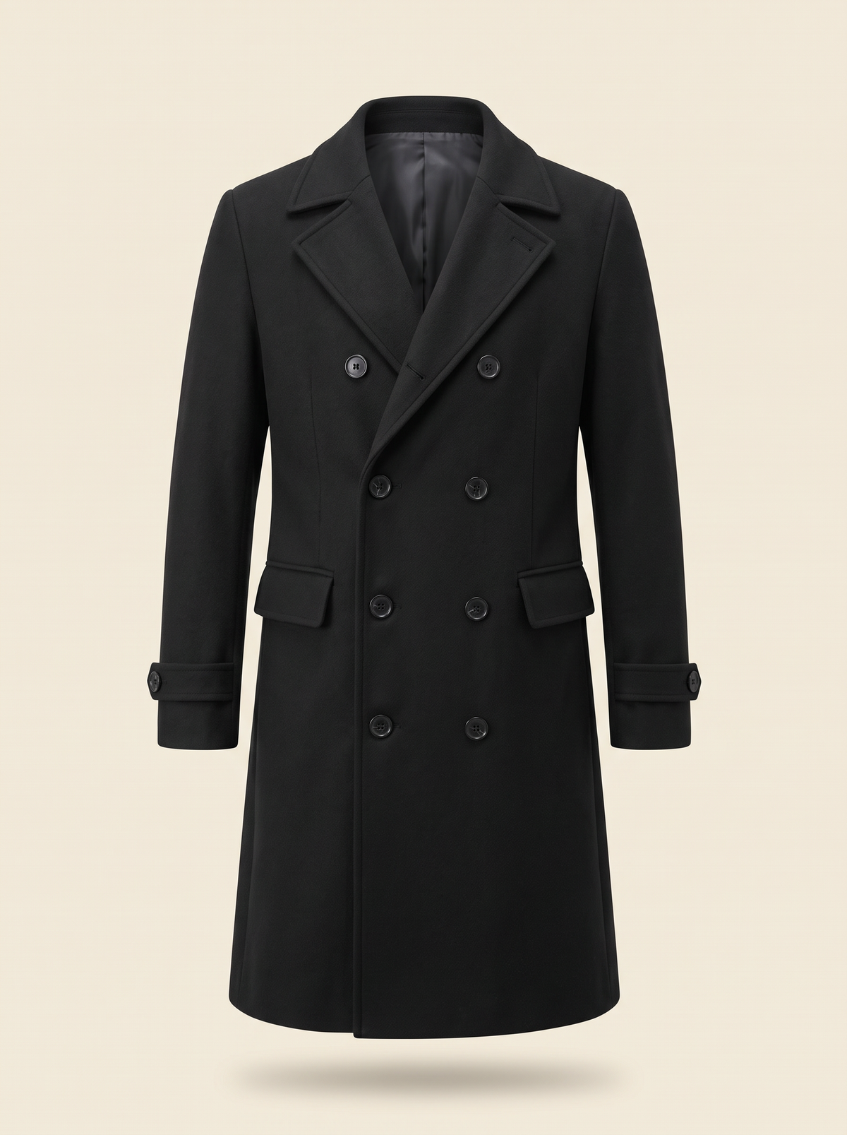 Double-Breasted Wool-Look Overcoat – Black – product view