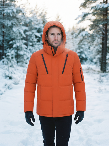 Hooded Duck Down Parka – Orange – snowy walk