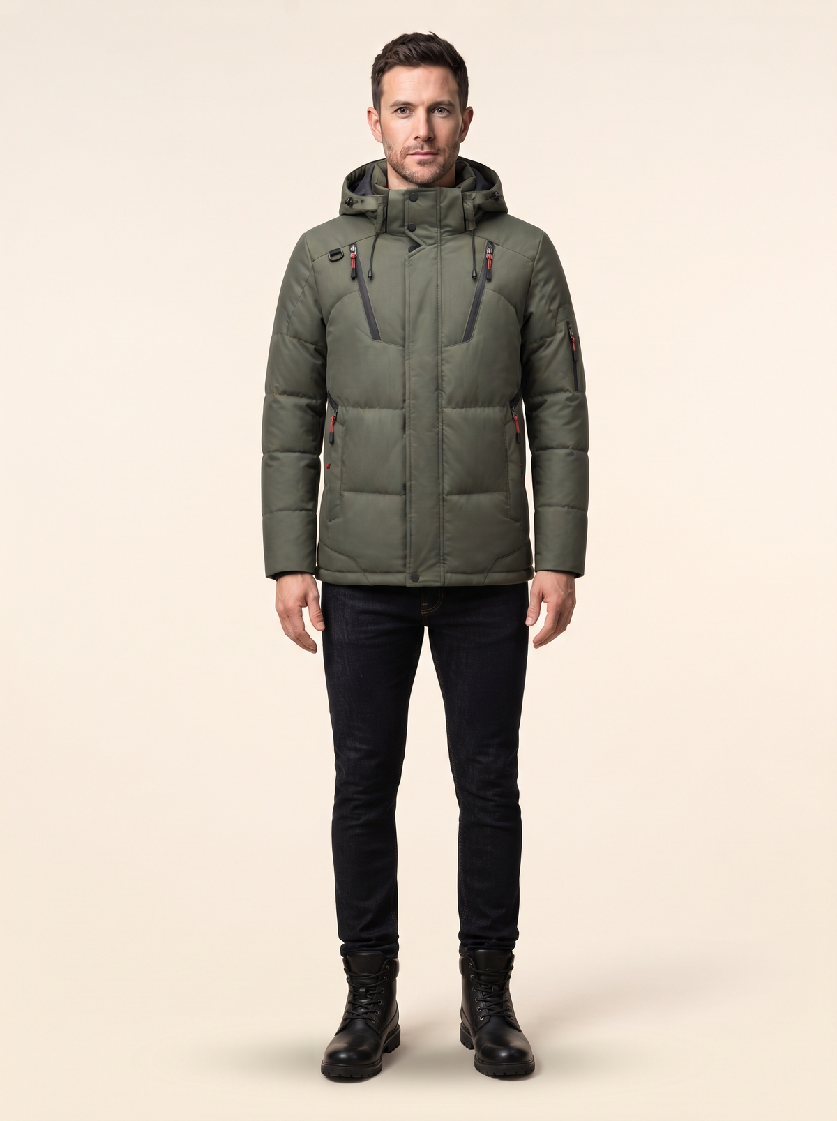 Hooded Duck Down Parka – Army Green – on model