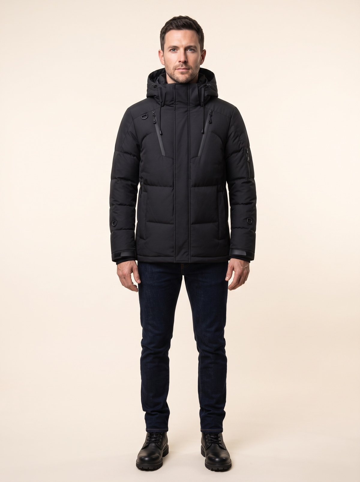 Hooded Duck Down Parka – Black – on model