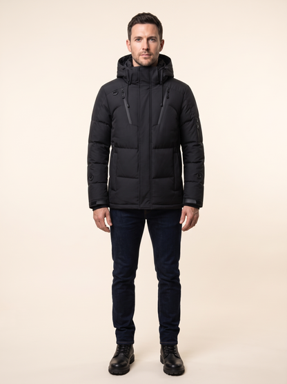 Hooded Duck Down Parka – Black – on model