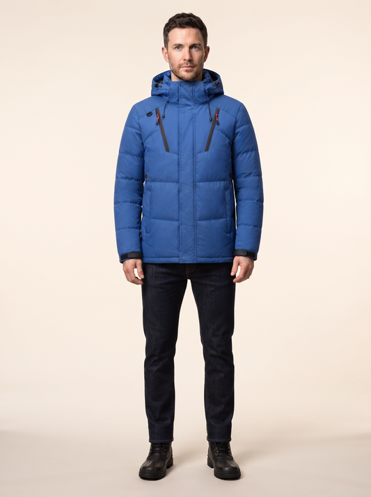 Hooded Duck Down Parka – Blue – on model