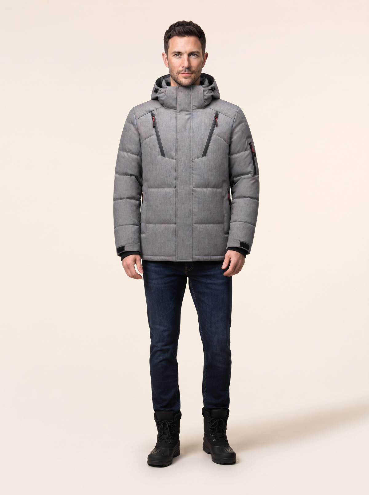 Hooded Duck Down Parka – Grey – on model