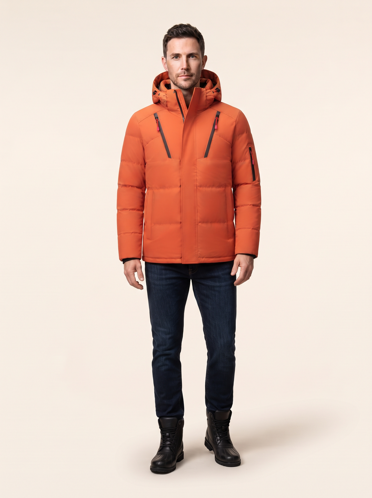 Hooded Duck Down Parka – Orange – on model