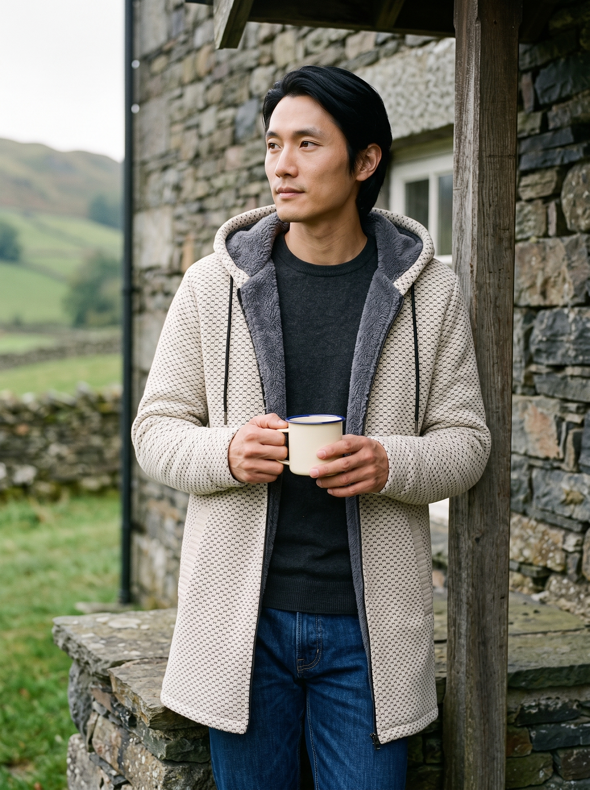 Fleece-Lined Hooded Knit Jacket – Off-White – cottage porch