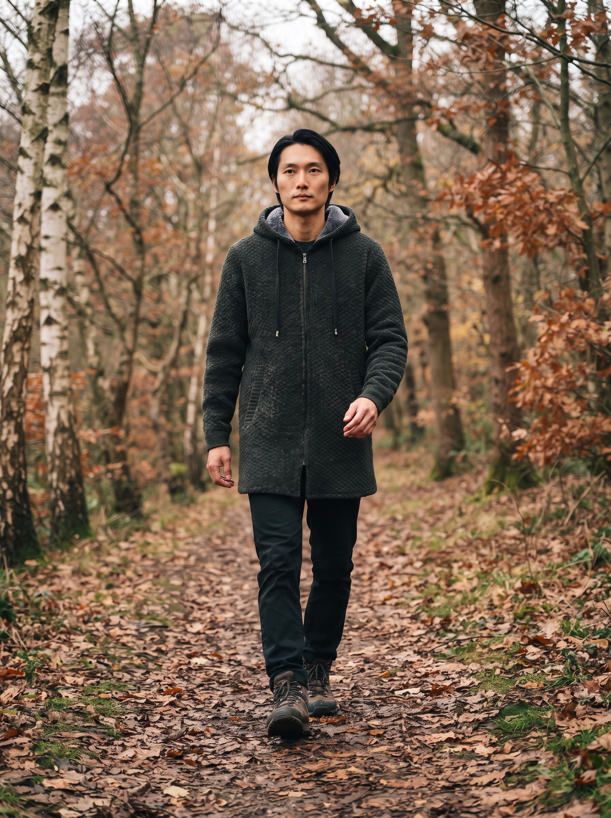 Fleece-Lined Hooded Knit Jacket – Dark Green – woodland walk
