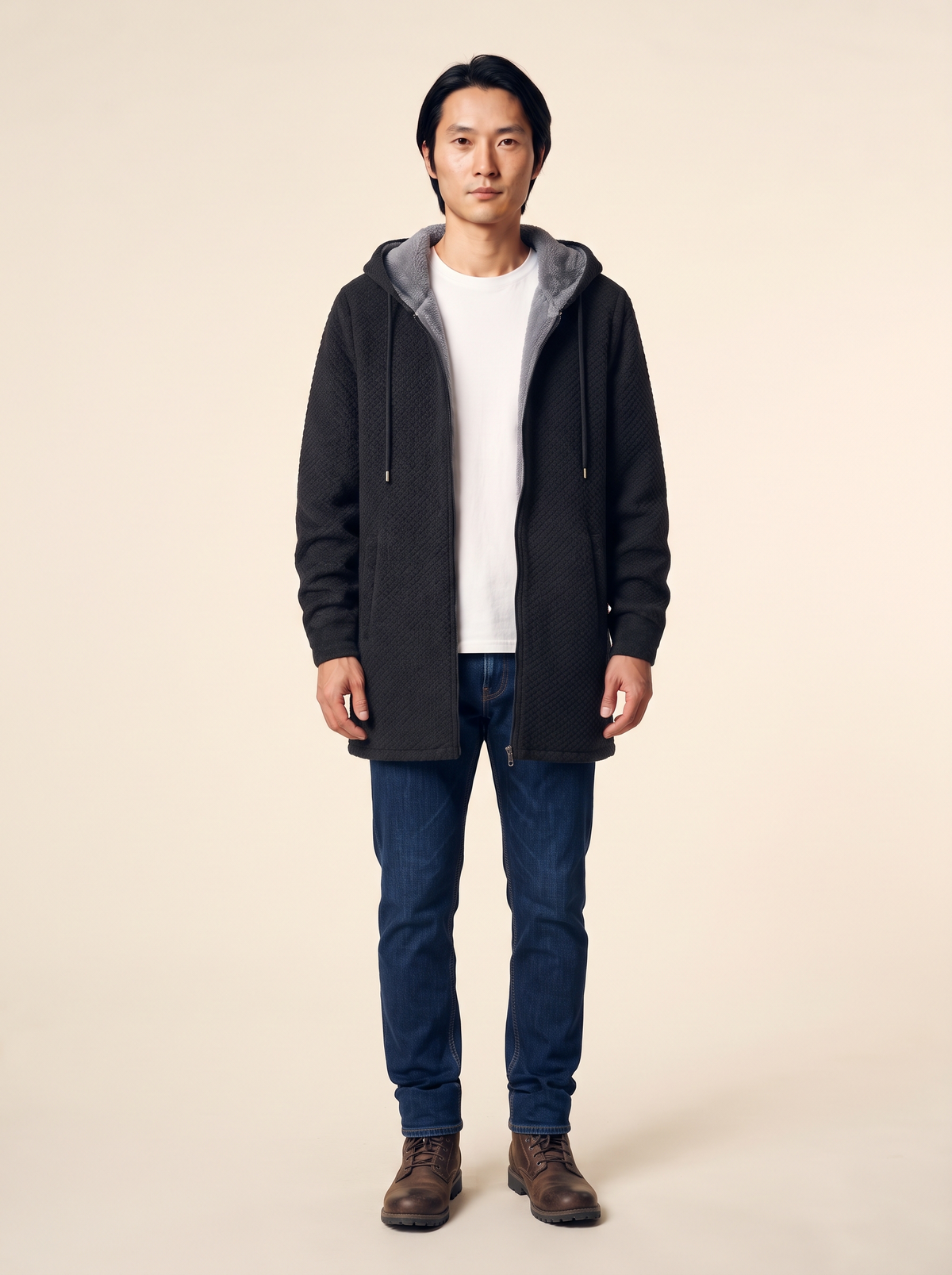 Fleece-Lined Hooded Knit Jacket – Black – on model