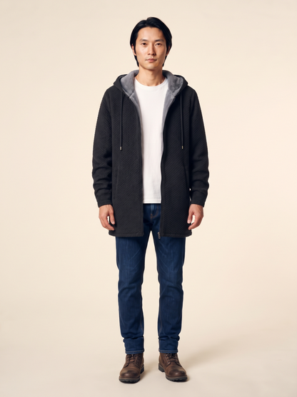 Fleece-Lined Hooded Knit Jacket – Black – on model
