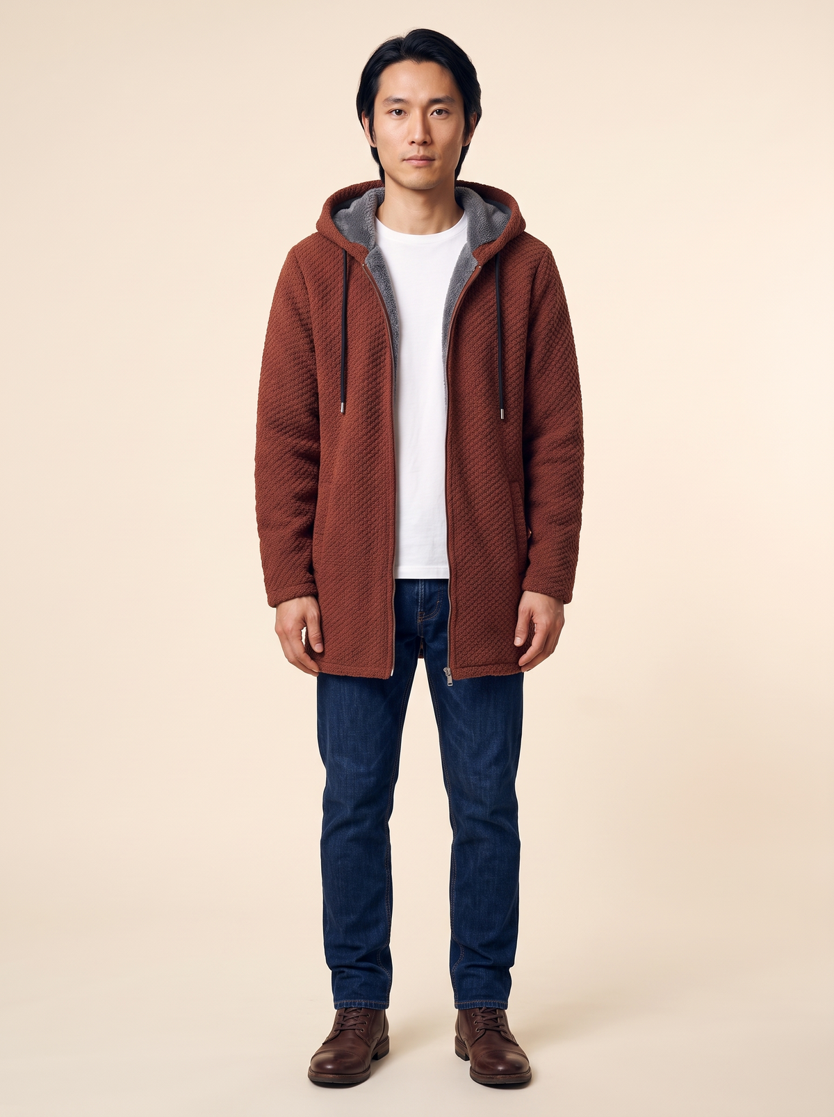Fleece-Lined Hooded Knit Jacket – Brown – on model
