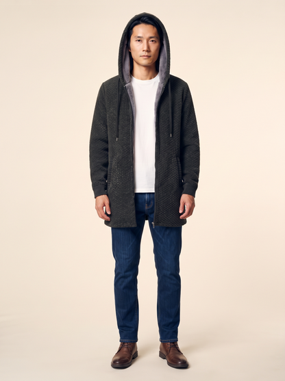 Fleece-Lined Hooded Knit Jacket – Dark Green – on model