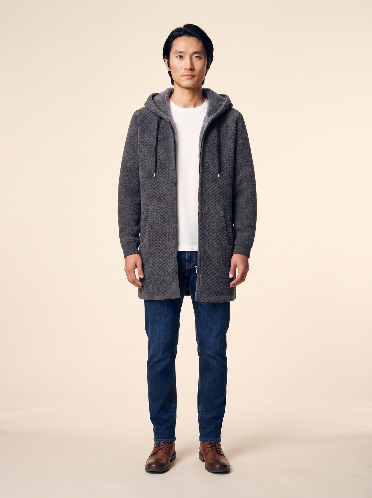 Fleece-Lined Hooded Knit Jacket – Grey – on model