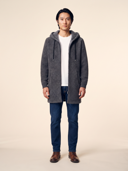 Fleece-Lined Hooded Knit Jacket – Grey – on model