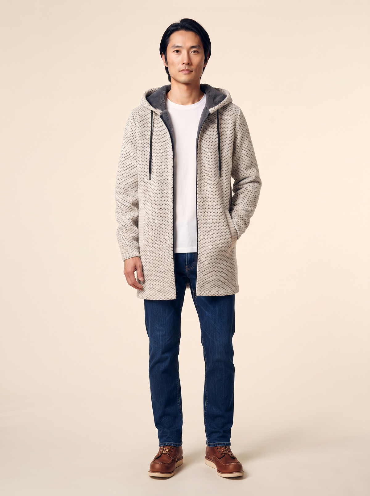 Fleece-Lined Hooded Knit Jacket – Off-White – on model