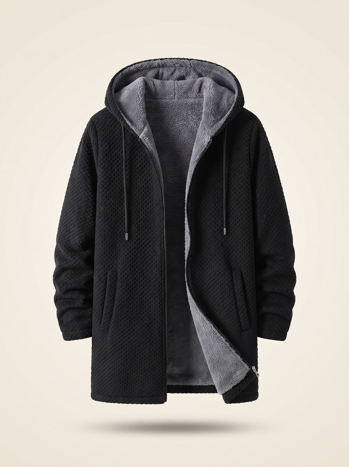 Fleece-Lined Hooded Knit Jacket – Black – product view