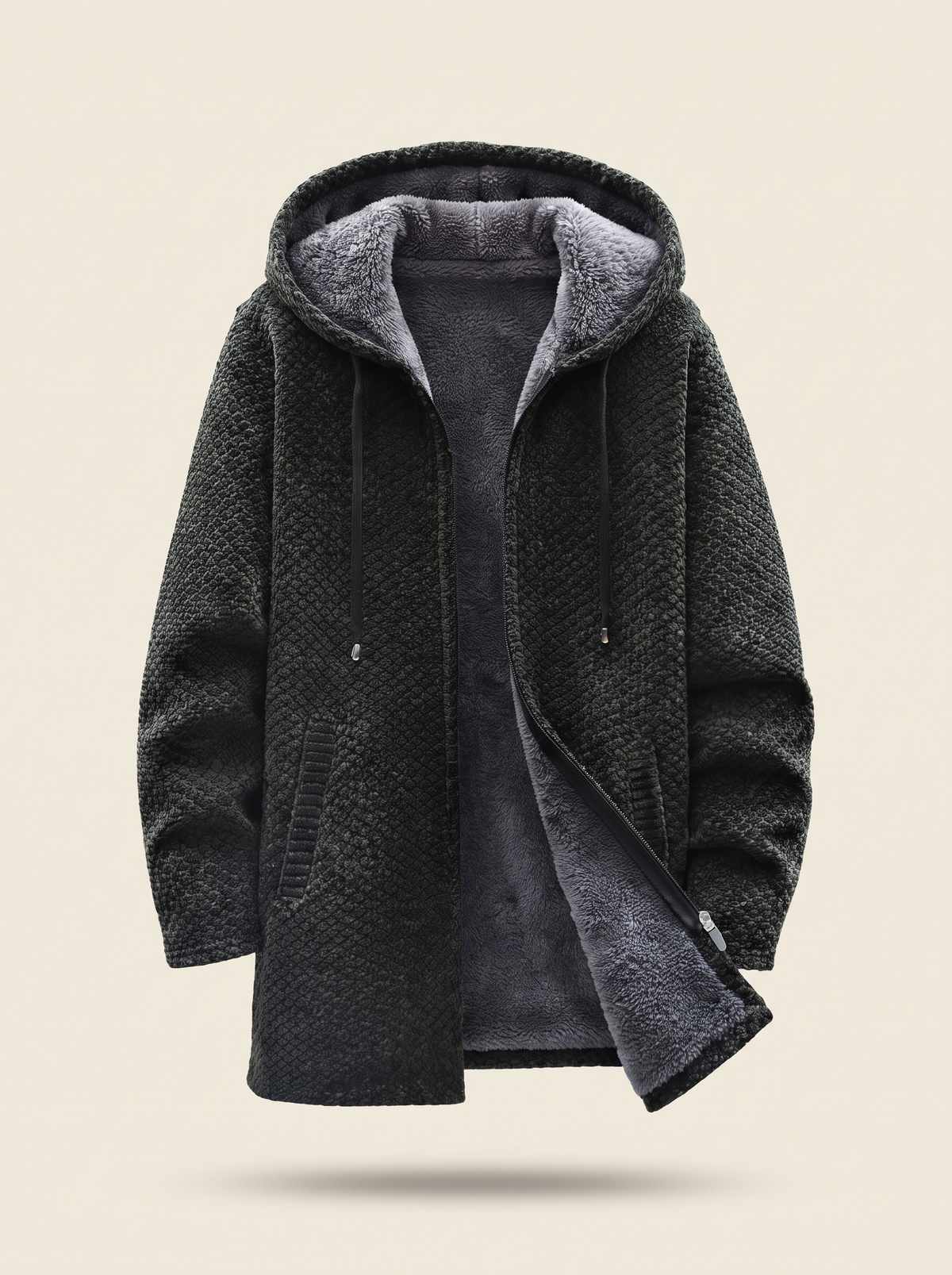 Fleece-Lined Hooded Knit Jacket – Dark Green – product view