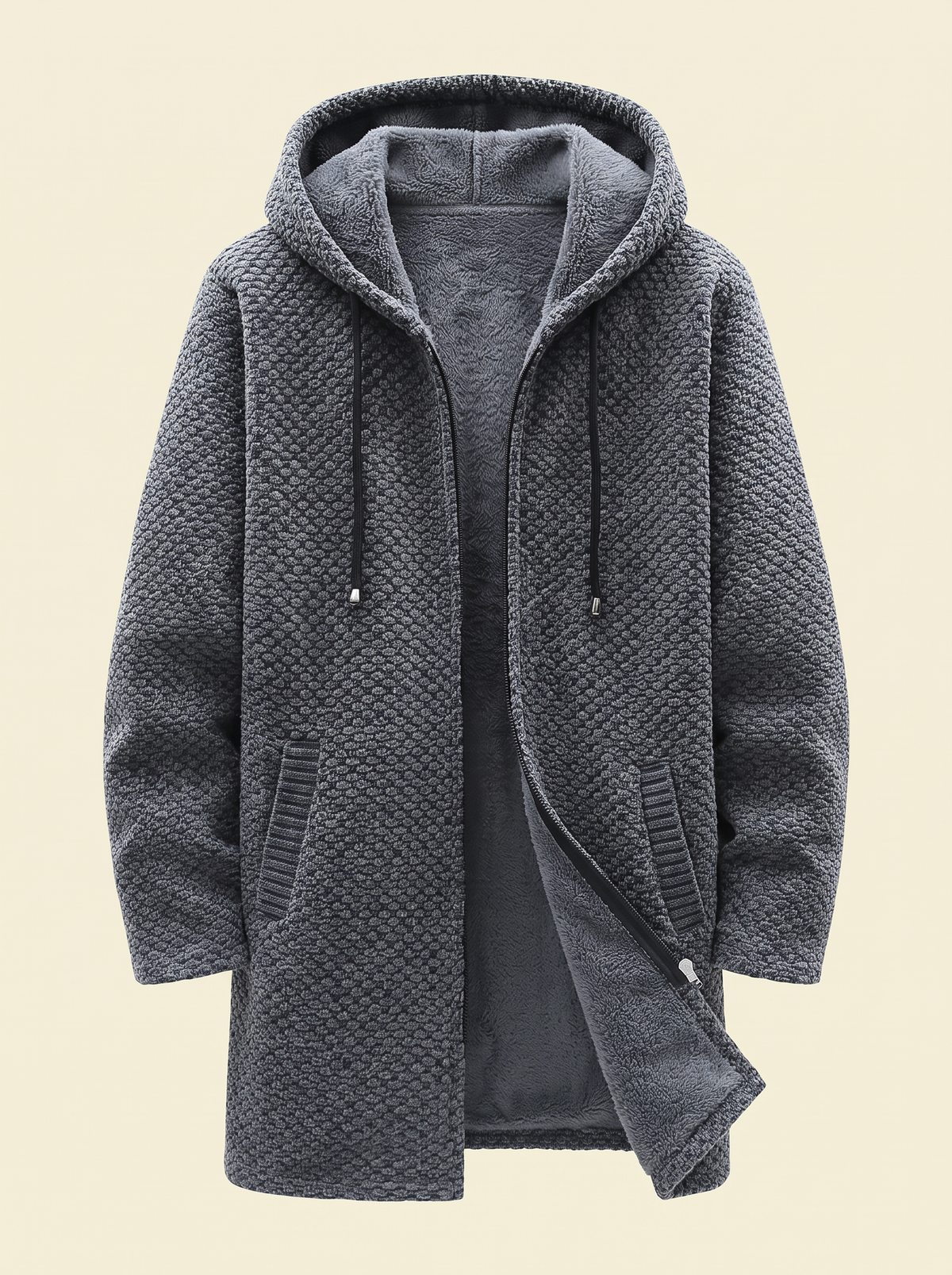 Fleece-Lined Hooded Knit Jacket – Grey – product view