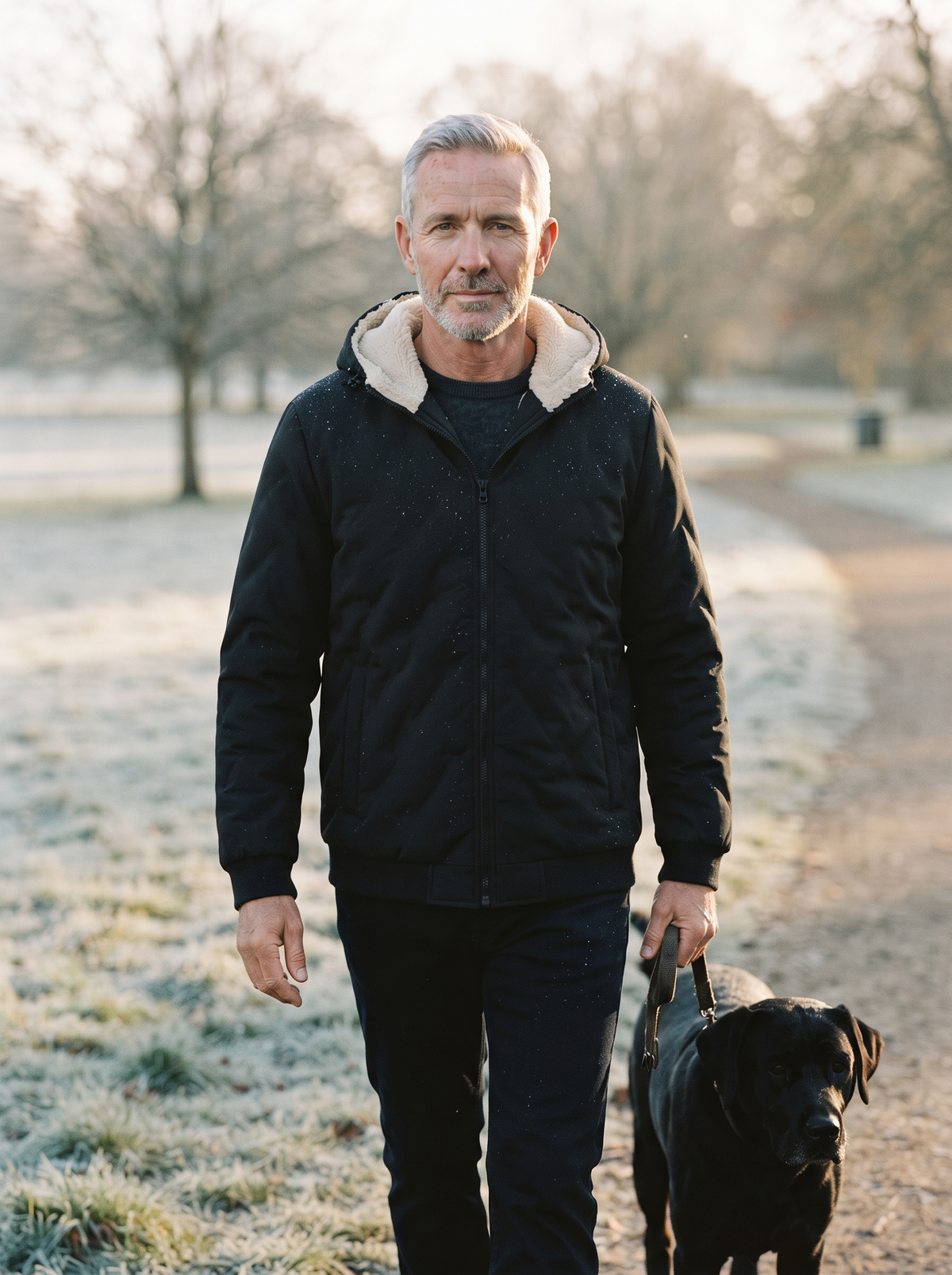 Fleece-Lined Hooded Quilted Jacket – Black – dog walk