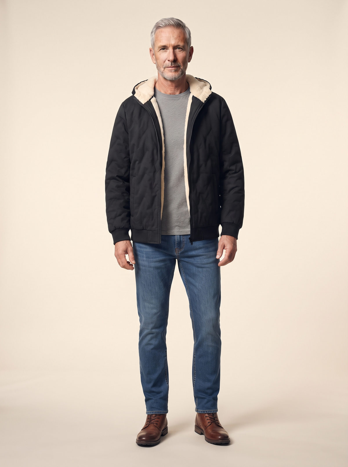 Fleece-Lined Hooded Quilted Jacket – Black – on model