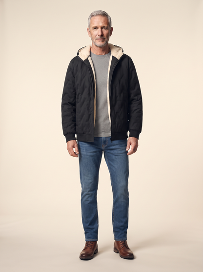 Fleece-Lined Hooded Quilted Jacket – Black – on model