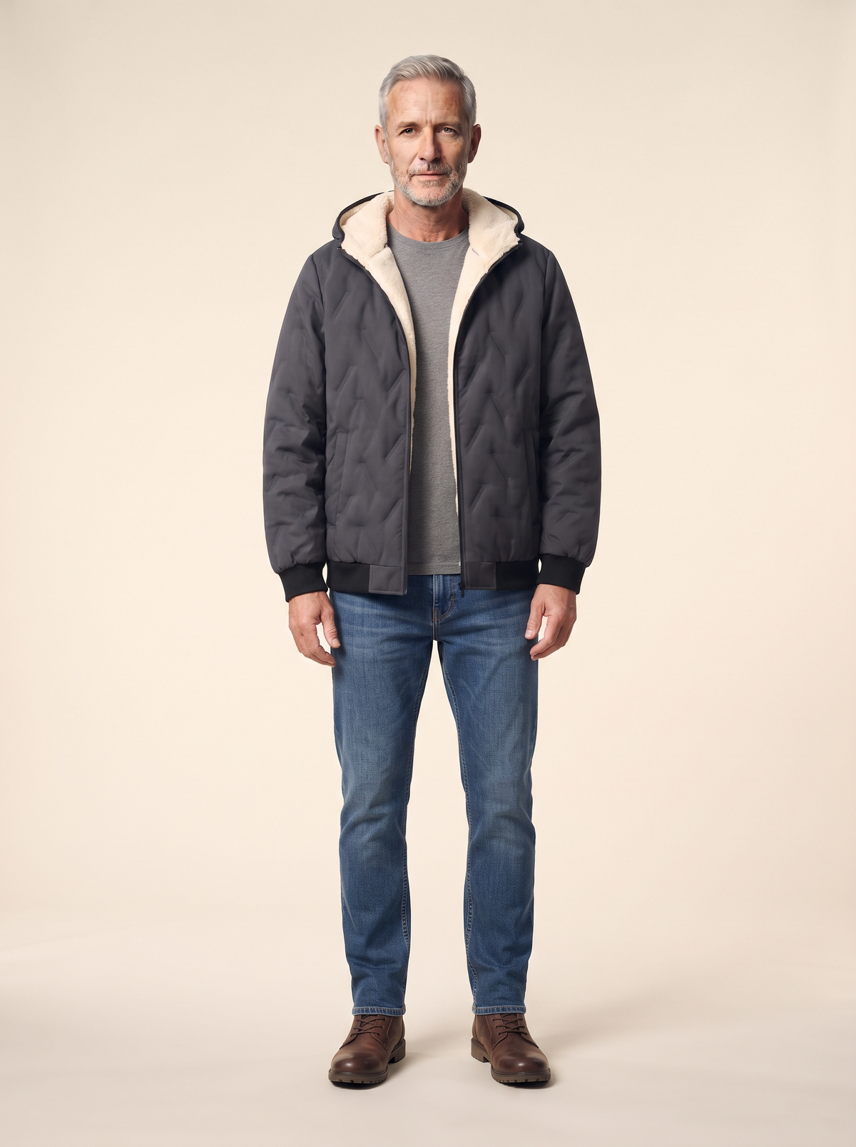 Fleece-Lined Hooded Quilted Jacket – Grey – on model