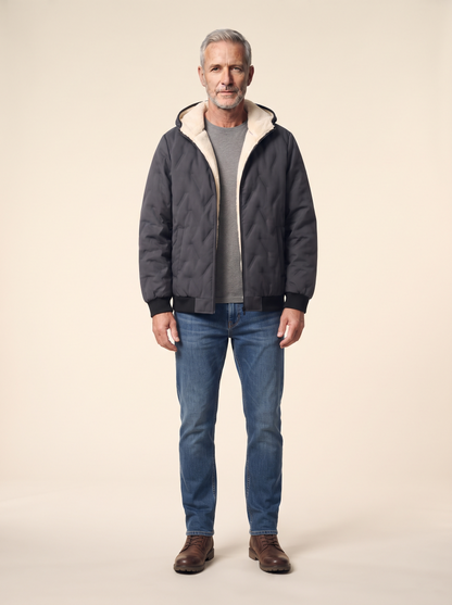 Fleece-Lined Hooded Quilted Jacket – Grey – on model