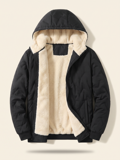 Fleece-Lined Hooded Quilted Jacket – Black – product view